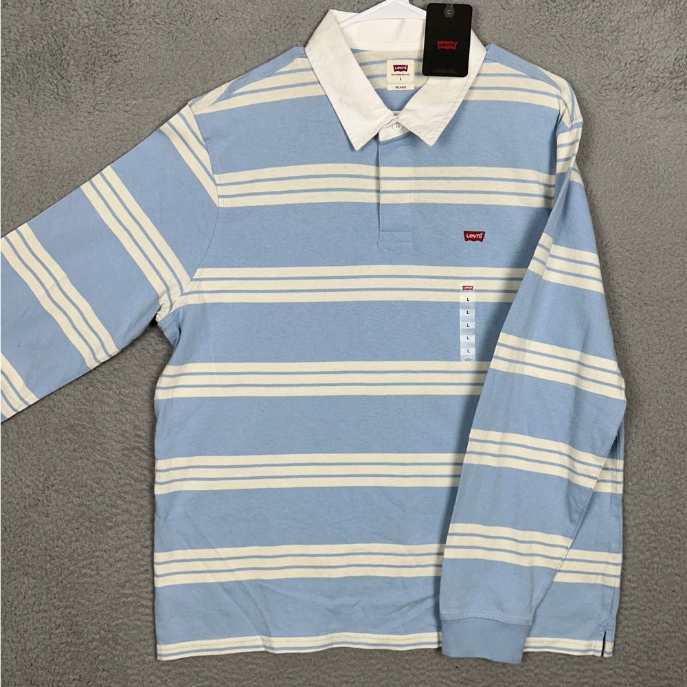 NEW Levis Rugby Shirt Mens Large Relaxed Light Blue White Striped Long Sleeve
